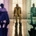 Samuel L. Jackson, James McAvoy, and Bruce Willis sitting in a hospital in Glass