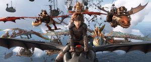 Hiccup and friends riding dragons into battle