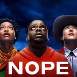 Poster for "NOPE," picturing the three main stars looking upwards