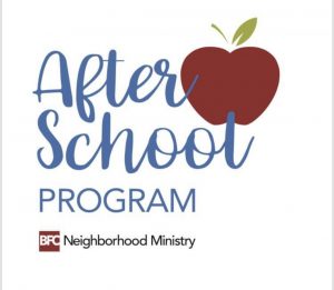 A poster with an apple icon that reads "After School Program" and in subtext "BFC Neighborhood Ministry"