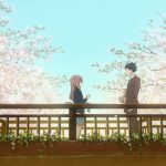Anime characters on a bridge talking with cherry blossoms in the background